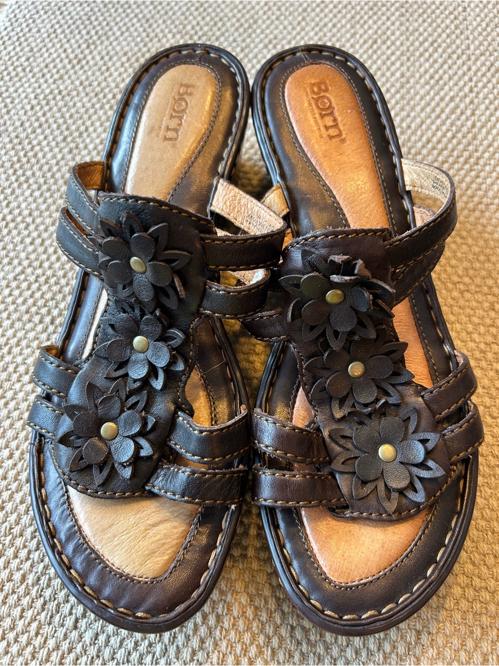 Born Dark Brown Floral Leather wedge Slide Sandals